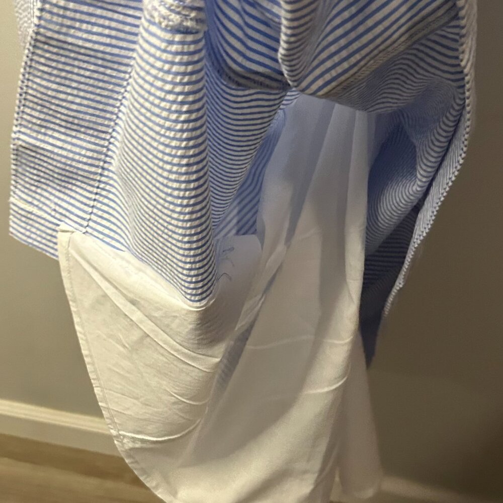 Pomander Place Dress Wms. Medium Blue Seersucker Delta Button Front Midi Size L - Picture 6 of 7